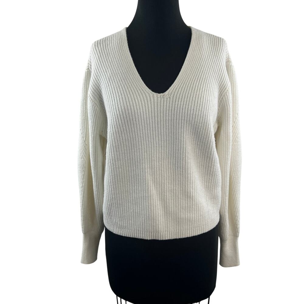 TAHARI White Sweater Chunky Knit V-Neck Drop Shoulder Pullover Size X-Small XS